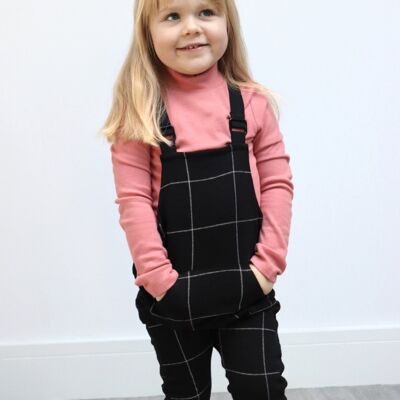 Black unisex check kids dungaree