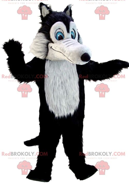 REDBROKOLY mascot black and gray wolf in red overalls / REDBROKO_01971