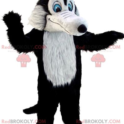REDBROKOLY mascot black and gray wolf in red overalls / REDBROKO_01971