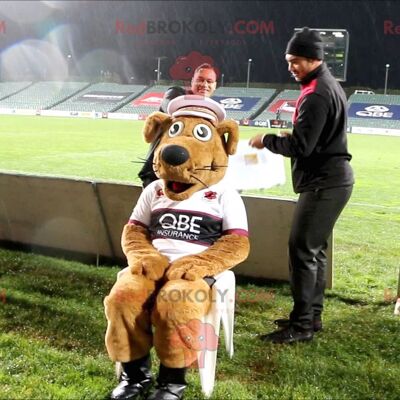 Big brown teddy bear REDBROKOLY mascot in firefighter uniform / REDBROKO_02391