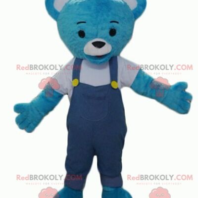 Mascotte de gros nounours beige REDBROKOLY avec une salopette bleue / REDBROKO_02557