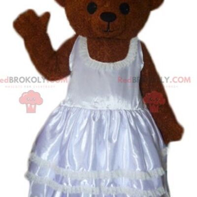 Brown teddy bear REDBROKOLY mascot dressed in a black and white costume / REDBROKO_02561
