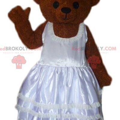 Oso de peluche marrón mascota REDBROKOLY vestido con un traje blanco y negro / REDBROKO_02561