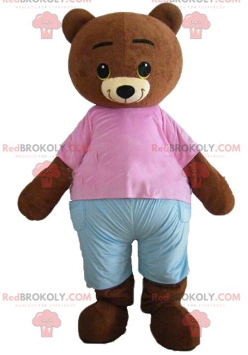 Big beige teddy bear REDBROKOLY mascot with a blue t-shirt / REDBROKO_02588