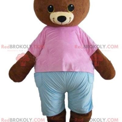 Big beige teddy bear REDBROKOLY mascot with a blue t-shirt / REDBROKO_02588
