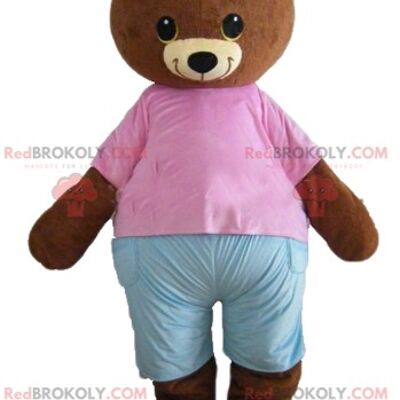 Mascotte de gros nounours beige REDBROKOLY avec un t-shirt bleu / REDBROKO_02588