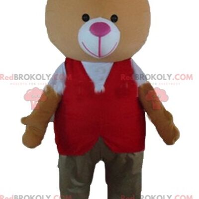 Big beige teddy bear REDBROKOLY mascot in orange and blue outfit / REDBROKO_02597