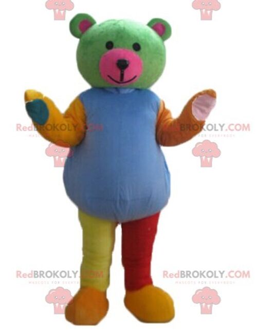 Dark brown bear REDBROKOLY mascot in colorful outfit / REDBROKO_02622