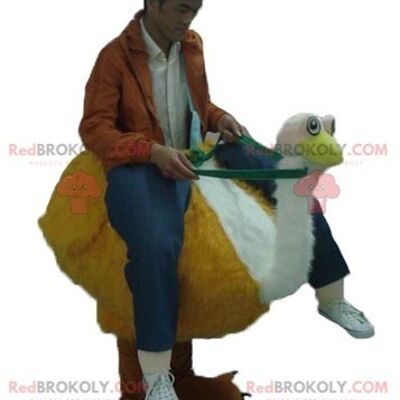 Mascotte REDBROKOLY de gros oiseau bleu et blanc avec un noeud rose / REDBROKO_02627