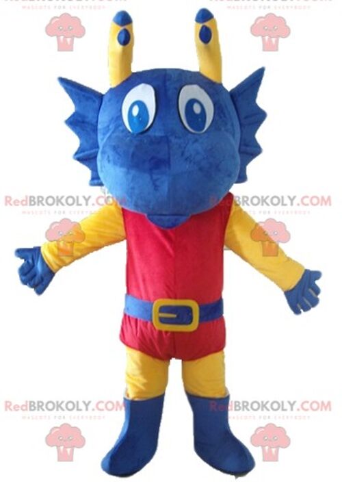 Orange dragon dinosaur REDBROKOLY mascot dressed in blue / REDBROKO_02800