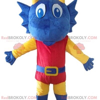 Orange dragon dinosaur REDBROKOLY mascot dressed in blue / REDBROKO_02800