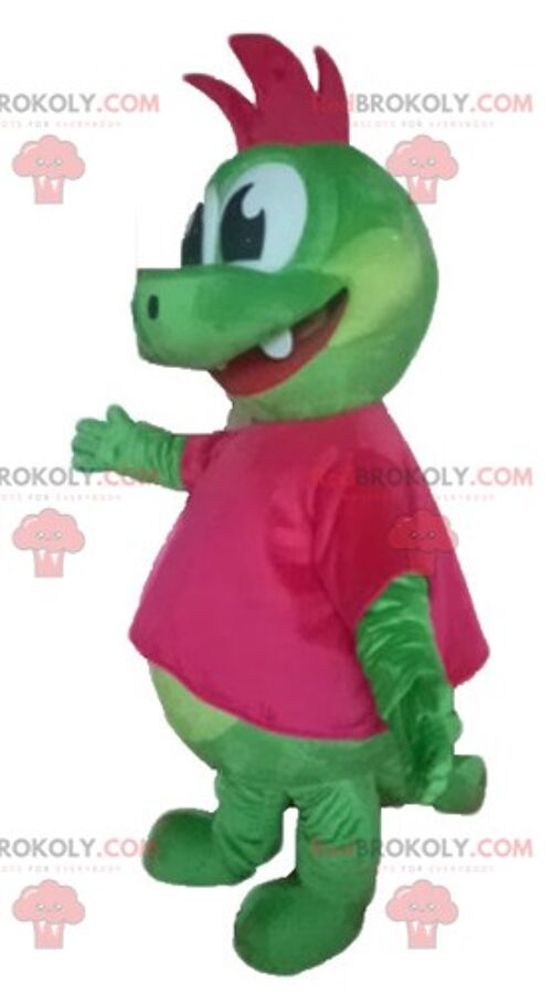 Green dinosaur REDBROKOLY mascot dressed in very warm purple / REDBROKO_02824