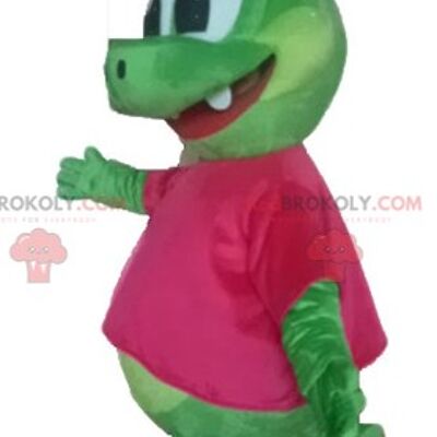 Green dinosaur REDBROKOLY mascot dressed in very warm purple / REDBROKO_02824
