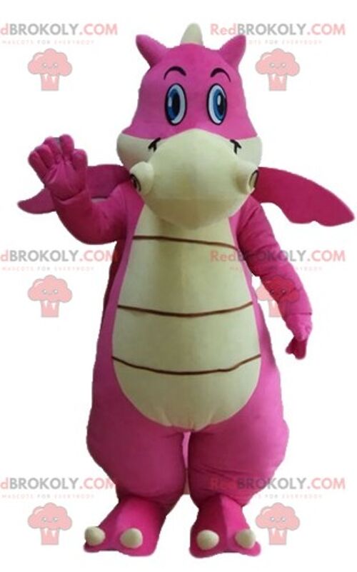 Green dinosaur dragon REDBROKOLY mascot with a pink crest / REDBROKO_02825