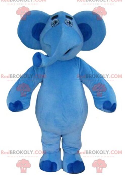 Gray elephant REDBROKOLY mascot in blue and yellow outfit / REDBROKO_02832