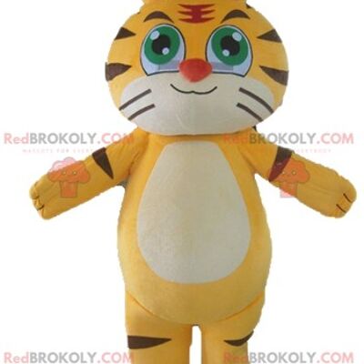 Mascotte de tigre orange et blanc REDBROKOLY en salopette verte / REDBROKO_02869