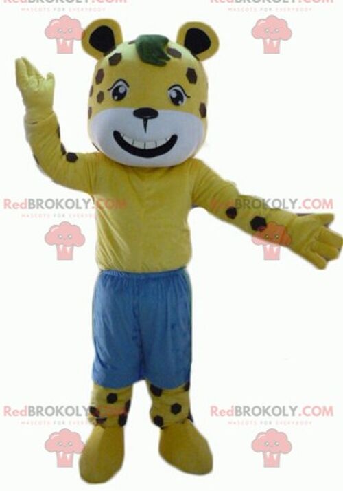 Yellow teddy bear REDBROKOLY mascot in red and white outfit / REDBROKO_02881