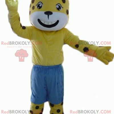 Yellow teddy bear REDBROKOLY mascot in red and white outfit / REDBROKO_02881