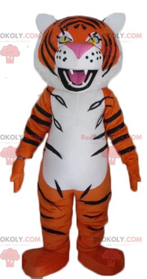 Yellow and white tiger REDBROKOLY mascot with brown polka dots with shorts / REDBROKO_02882