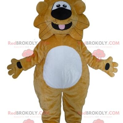 Mascotte REDBROKOLY de lion jaune blanc et rouge avec une tenue colorée / REDBROKO_02887