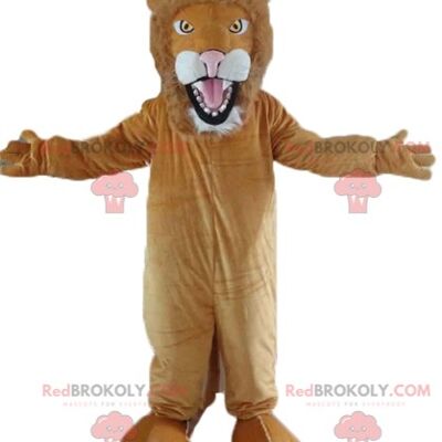 Mascotte de lion marron REDBROKOLY en tenue de sport noire avec un ballon / REDBROKO_02907