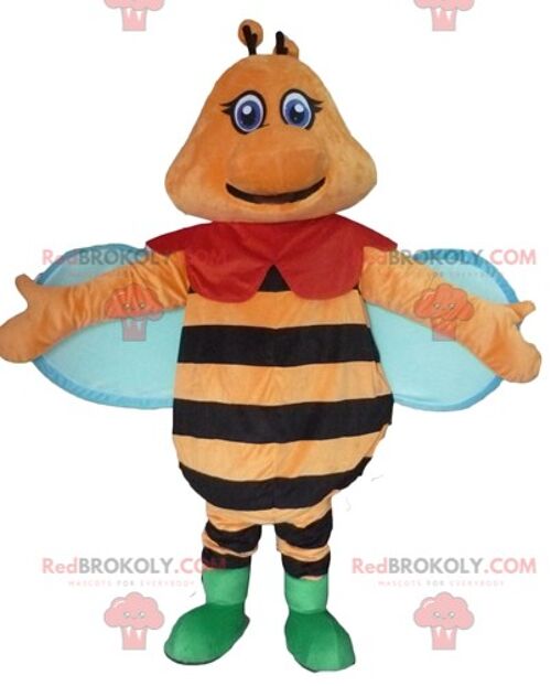 Very smiling black and yellow bee REDBROKOLY mascot / REDBROKO_03031