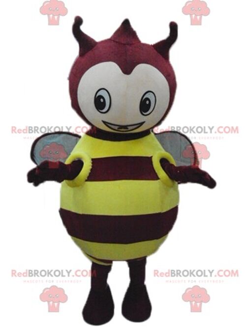 Black and pink insect REDBROKOLY mascot in blue and white overalls / REDBROKO_03217