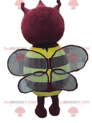 Mascotte d'insecte noir et rose REDBROKOLY en salopette bleue et blanche / REDBROKO_03217 2