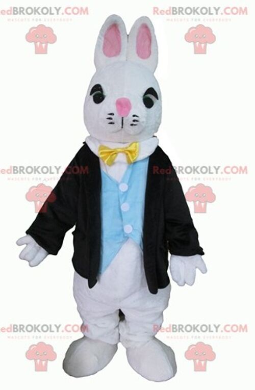 White rabbit REDBROKOLY mascot with a red polka dot dress / REDBROKO_03237