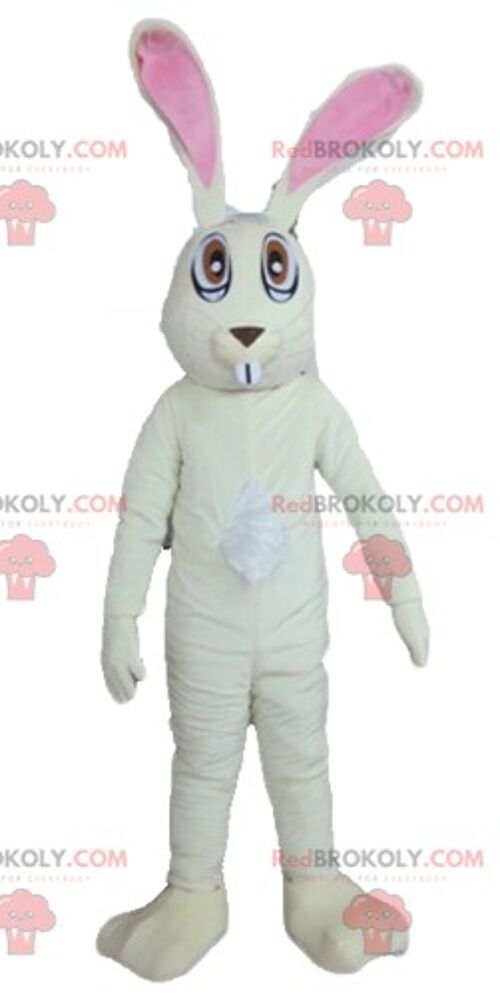 Gray rabbit REDBROKOLY mascot smiling with a colorful outfit / REDBROKO_03249