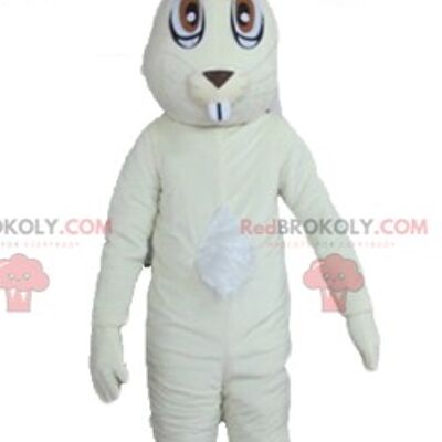 Mascota de conejo gris REDBROKOLY sonriendo con un traje colorido / REDBROKO_03249
