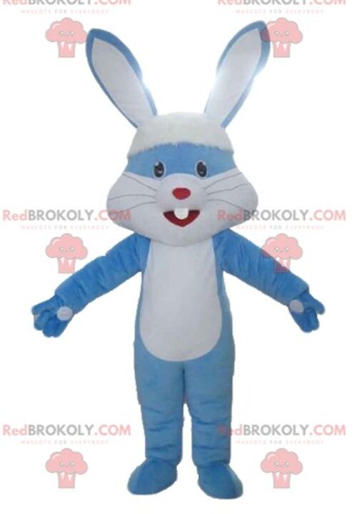 Beige and white rabbit REDBROKOLY mascot with a blue t-shirt / REDBROKO_03251