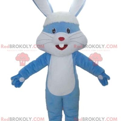 Beige-weißes Kaninchen REDBROKOLY-Maskottchen mit blauem T-Shirt / REDBROKO_03251