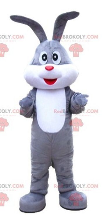 Mascotte de lapin blanc REDBROKOLY avec une veste rouge et un pantalon gris / REDBROKO_03265