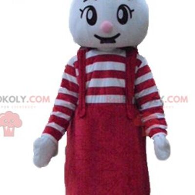 Pink and white rabbit REDBROKOLY mascot with a colorful vest / REDBROKO_03268