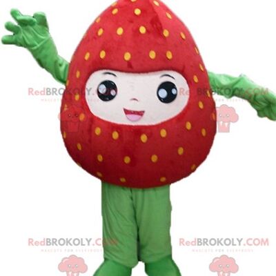 Mascota gigante de fresa roja y rosa REDBROKOLY sonriendo / REDBROKO_03785
