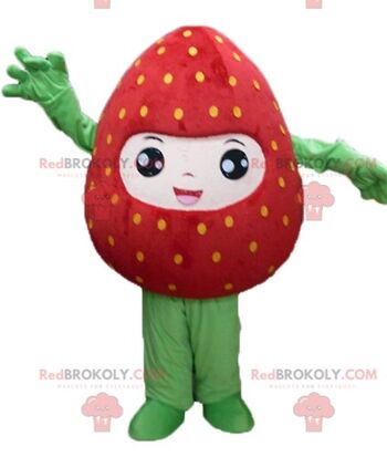 Mascotte de fraise géante rouge et rose REDBROKOLY souriante / REDBROKO_03785 1