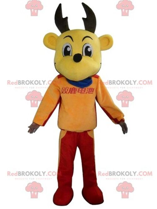 Caribou brown reindeer REDBROKOLY mascot with yellow antlers / REDBROKO_03830