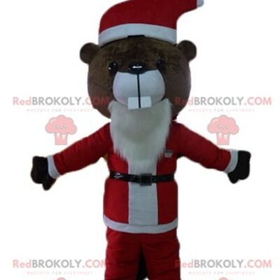 Orsacchiotto marrone mascotte REDBROKOLY in costume da Babbo Natale / REDBROKO_03847