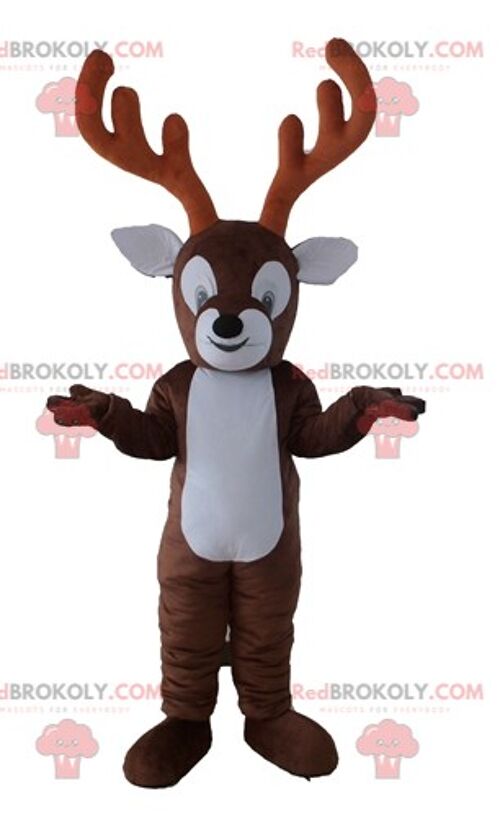 Brown and white reindeer REDBROKOLY mascot with large antlers / REDBROKO_03866