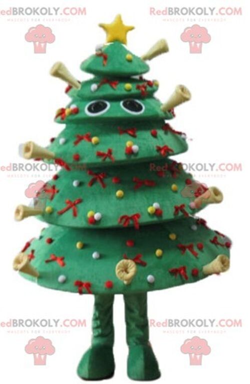 REDBROKOLY mascot decorated Christmas tree very smiling and colorful / REDBROKO_03875