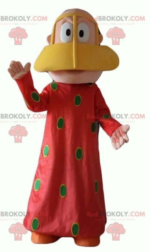 Oriental woman REDBROKOLY mascot with a yellow dress with red polka dots / REDBROKO_04007