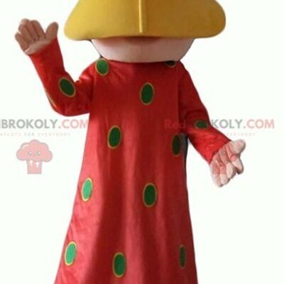 Mascotte de femme orientale REDBROKOLY avec une robe jaune à pois rouges / REDBROKO_04007
