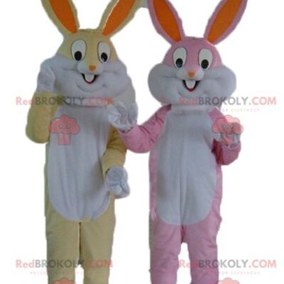 2 REDBROKOLY mascotte di conigli marroni vestiti di rosso / REDBROKO_04417