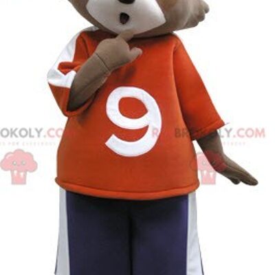 Brown and gray wolf REDBROKOLY mascot in hunter outfit / REDBROKO_04811