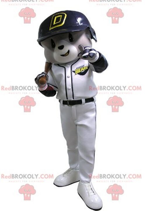 Gray and white bear REDBROKOLY mascot in baseball outfit / REDBROKO_04830