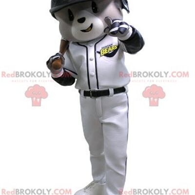Mascota de oso gris y blanco REDBROKOLY en traje de béisbol / REDBROKO_04830