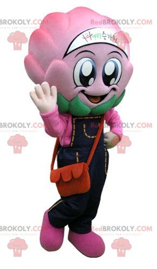 Pink cabbage flower REDBROKOLY mascot with overalls / REDBROKO_04962