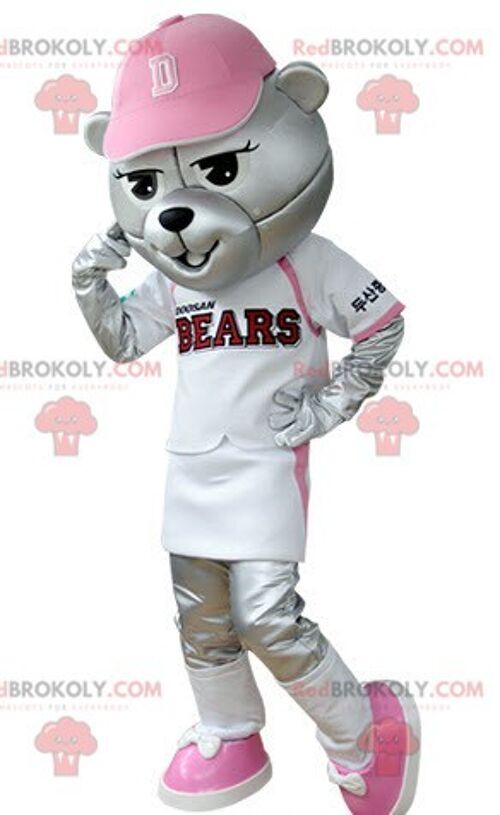Gray bear REDBROKOLY mascot dressed in baseball outfit / REDBROKO_05081