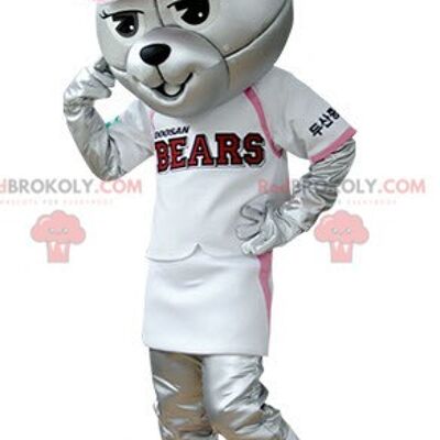 Mascota del oso gris REDBROKOLY vestida con traje de béisbol / REDBROKO_05081